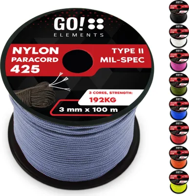 Produktbild von GO!elements 100m Paracord Seil aus reißfestem Nylon - 3mm Paracord 425 Typ II max. 192kg - Schnüre als Outdoor Seil, Allzweckseil, Survival Seil, Armband, Hundeleine, Nylonschnur, Farbe: Grau-Blau