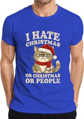 Obrázok produktu pre I HATE CHRISTMAS OR CHRISTMAS OR PEOPLE vtipné mačacie sarkastické pánske tričko, modré, XXL