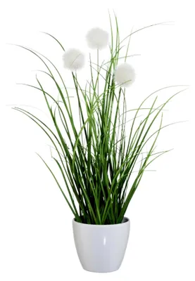 Produktbild von Künstlicher Grasbusch 36 cm mit Zierpuscheln im weißen Kunststofftopf