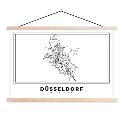 Produktbild von MuchoWow® Textilposter Stadtplan - Schwarz und weiß - Karte - Düsseldorf - Deutschland 60x40 cm mit holzfarbenen Rahmen - Bilder