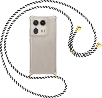 Produktbild von Handykette Backcover-Schutzhülle mit Band (Metall goldfarben) für Motorola Edge 50 Ultra 5G - schwarz/weiß gestreift