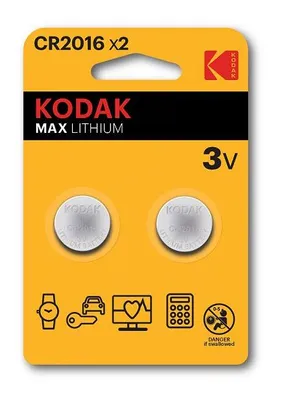 A retail package of Kodak Max Lithium CR2016 batteries.