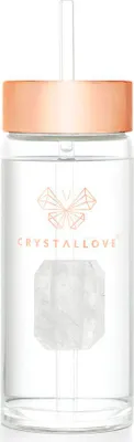 Produktbild von CRYSTALLOVE Glas-Wasserflasche mit Bergkristall und Strohhalm, 400 ml