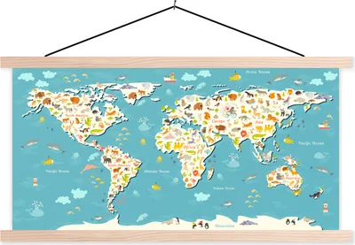 Produktbild von MuchoWow® Textilposter Weltkarte Kinder - Blau - Tiere 60x30 cm mit holzfarbenen Rahmen - Dekoration