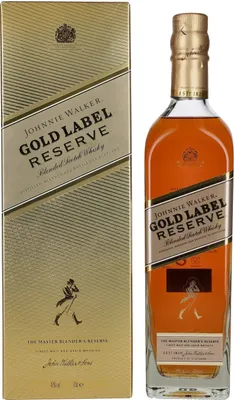 A bottle of Johnnie Walker Gold Label Reserve Blended Scotch Whisky and its packaging are displayed side-by-side against a white background.