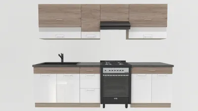 Produktbild von Küchenzeile 270 cm - ECONO B PLUS - Sonoma Eiche - Weiß Hochglanz - Mit Arbeitsplatte Dunkelbraun - Einbauküche mit Soft-Close - Metallbox Schubladen