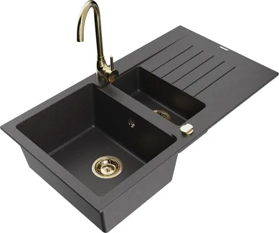 Produktbild von Mexen Matias 1,5-Becken-Granitspüle mit Abtropffläche und Mischbatterie Telma, Schwarz gesprenkelt - 6502-76-670200-50