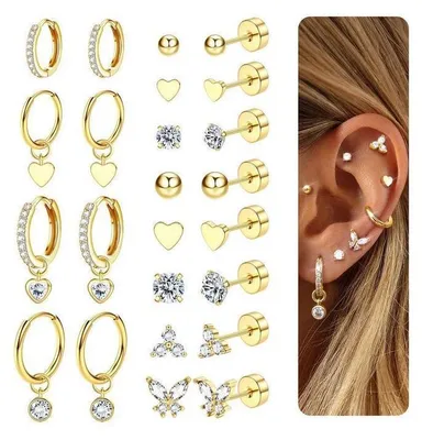Produktbild von 15 Paar Ohrringe Damen Chirurgenstahl Huggie Creolen Hypoallergen Gold Silber für Piercings
