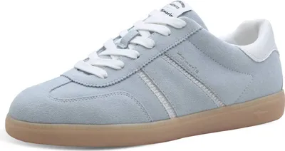 A single blue low-top sneaker with white laces and a brown sole, shown from a side-diagonal angle.