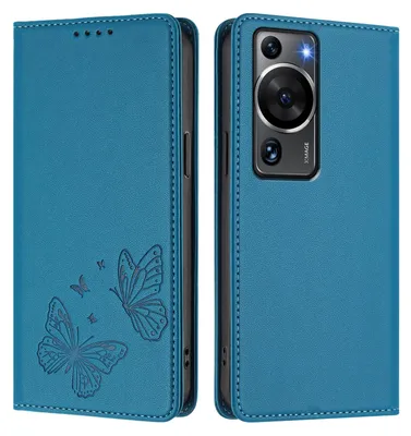Produktbild von Lederhülle für Huawei P60 / P60 Pro, Schmetterling Prägung Leder Brieftasche Schutzhülle mit Ständer Blau