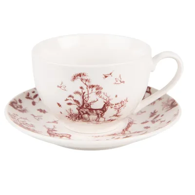 Produktbild von Clayre & Eef Tasse mit Untertasse 200 ml Beige Rot Porzellan Rentiere und Bäume