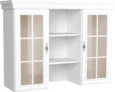 A white cabinet with glass doors and shelves.