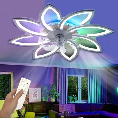 Produktbild von 97W Blütenform LED Deckenleuchte mit RGB Backlight, Leise Deckenventilator 6 Geschwindigkeiten, 86cm Dimmbar Deckenlampe für Wohnzimmer Schlafzimmer