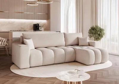 Productafbeelding van Eckbank, slaapbank, bank ANABEL, bekleed met stof Centaur in crème kleur, met een ottomaan aan de rechterkant
