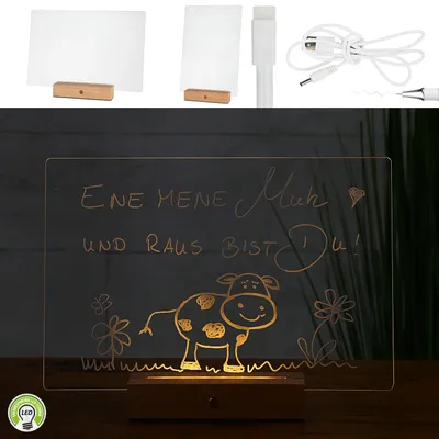 Produktbild von LED Memoboard Message Board +Stift Warmweiß 30x20 Acryl Buche Holzsockel USB