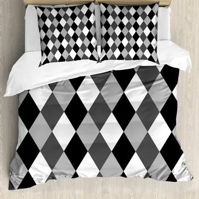 Zdjęcie produktu dla ABAKUHAUS Geometryczny zestaw pościeli, czarno-biały symetryczny wzór rombów na tle, 155 x 220 cm + 80 x 80 cm, szary jasnoszary i czarny