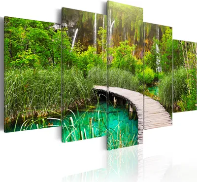 Produktbild von Leinwandbilder 200x100 cm c-A-0080-b-n Vlies Leinwandbild 5 tlg Kunstdruck modern Wandbilder XXL Wanddekoration Design Wand Bild WASSERFALL WALD LANDSCHAFT NATUR FLUß BRÜCKE