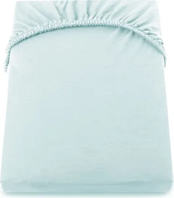A light blue fitted sheet folded and presented on a white background.