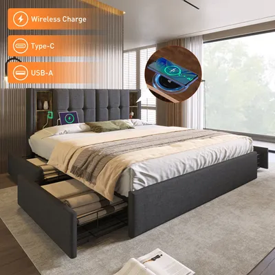 Immagine prodotto di Letto imbottito matrimoniale con ricarica wireless USB C& 4 cassetti, rete imbottita 160x200cm, lino grigio (senza materasso)