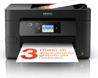 A black Epson WorkForce Pro WF-3825DWF Multifunction Printer is shown from the front, with a sheet of paper emerging from the output tray. The paper has text and a large number '3' printed on it.