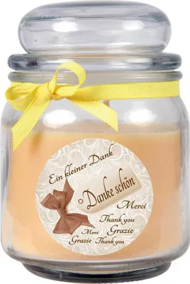 Produktbild von Duftkerze im Bonbonglas "Danke", Duft: Vanille ( Gelb ), 300g - Brenndauer bis zu 70 Stunden