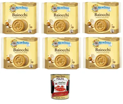 Produktbild von Mulino Bianco Baiocchi Nocciolatte Haselnussdrink 6x168g – Italienische Kekse mit Haselnuss-Milch-Creme – Ohne Palmöl – Original aus Italia+ Italian Gourmet polpa 400g