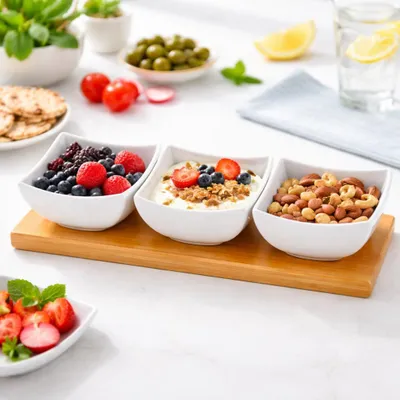 Produktbild von Dipschalen Set 4er mit Bambus Tablett Keramik Schalen Tapas Snack Dessert Schälchen