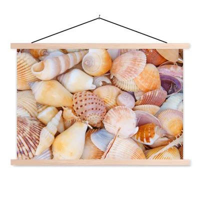 Produktbild von MuchoWow® Textilposter Muscheln - Strand - Sommer - Orange 120x80 cm mit holzfarbenen Rahmen - Aufhängeset
