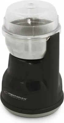 A black and silver automatic coffee grinder with a clear lid.