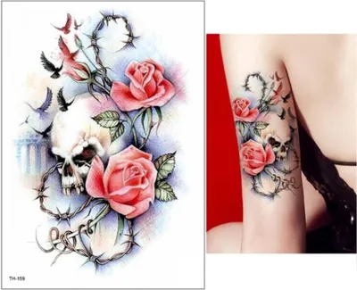 Produktbild von Temporäres Tattoo Totenkopf Rosen Design Temporary Klebetattoo Körperkunst