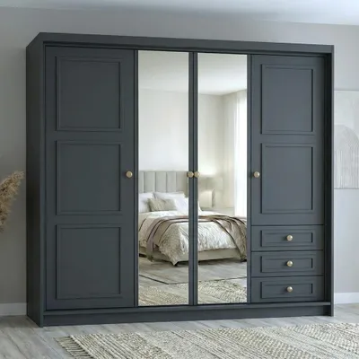 Produktbild von Geräumiger viertüriger Kleiderschrank OSLO mit Schubladen und Metallgriffen – modernes Design Farbe: Graphit