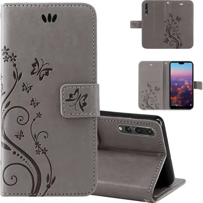 Produktbild von Handytasche für Huawei P20 Pro Blumen Flip Cover Buchhülle mit Magnetverschluss, Grau