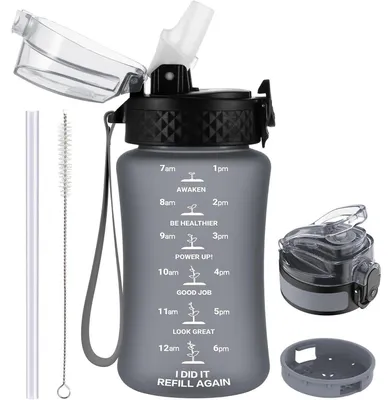 Productafbeelding van Drinkfles voor kinderen, 350 ml, met rietje en tijdmarkering, BPA-vrij, lekvrij, grijs