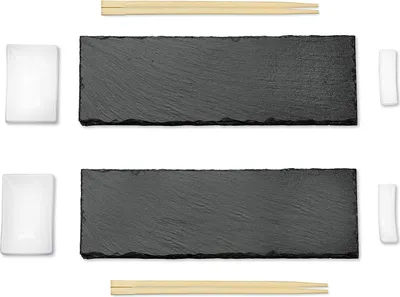 Produktbild von KESPER Sushi Set 8-tlg. – Schieferplatten, Dipschalen, Essstäbchen & Halter – stilvoll servieren – Artikel 38142 , Serviertablett