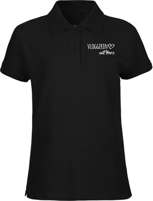 Produktbild von Huuraa Damen Polo Shirt Vloggerin mit Herz XS Black Bio Baumwolle Fairtrade Poloshirt Geschenkidee