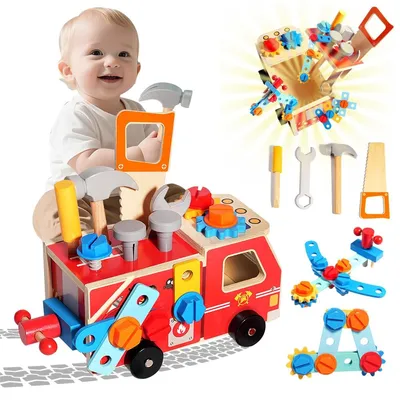 Image de Coffret d'outils 4 en 1 pour enfants, jouets en bois Montessori, jouets pour enfants à partir de 2, 3 ou 4 ans, chariot à outils pour enfants, ceinture à outils, coffret de jeux éducatifs, cadeau pour garçons et filles (rouge)