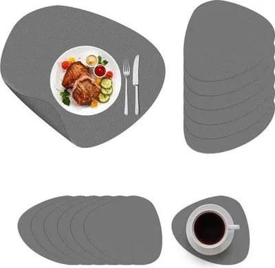 Imagen del producto de Tomivo®: Juego de 6 individuales de cuero sintético de poliuretano. Incluye 6 individuales de 41 x 34 cm y 6 posavasos de 13 x 11 cm. Lavables, resistentes al calor hasta 80 °C, antideslizantes, color gris