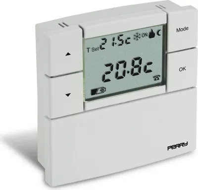 A white digital thermostat is shown against a white background.
