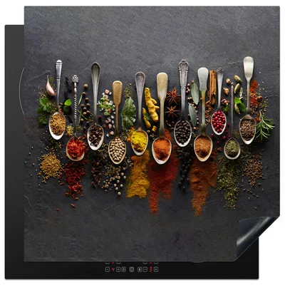 Obrázok produktu pre KitchenYeah® Kryt varnej dosky bylinky - korenie - betón - lyžica, 78x78cm, kuchynská dekorácia, keramický kryt varnej dosky, krycia doska na varnú dosku