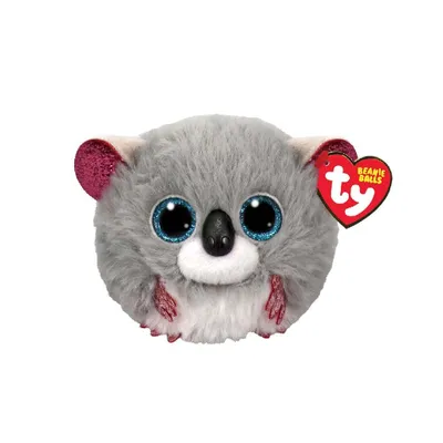 A fluffy koala toy with large blue eyes and pink glitter accents, shown against a white background.