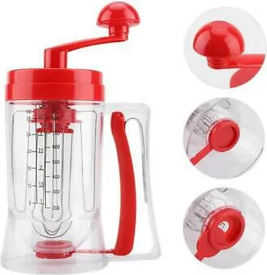 A collage of images showing a red and clear batter dispenser with close-up views of its handle and dispensing mechanism.