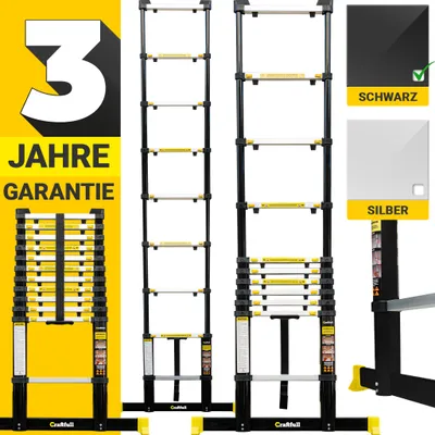 Produktbild von Craftfull Teleskopleiter | Aluleiter - Ausziehleiter - Anlegeleiter - Klappleiter - Stehleiter - Mehrzweckleiter - Schiebe Leiter - Black (4.4 Meter)