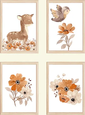 Produktbild von Waldtiere 4er Set Bilder Reh Vogel Blumen Kinderzimmer Deko DIN A4 Poster Babyzimmer Wandbilder