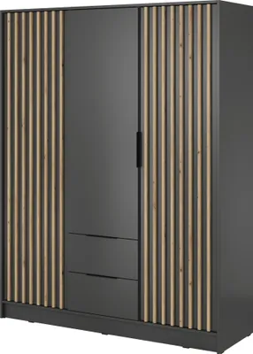 A three-door wardrobe with two drawers and oak artisan lamella fronts in graphite.