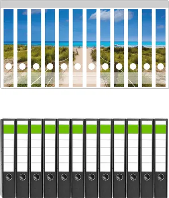 Produktbild von Wallario 12 Stück schmale Ordner inkl. Klebeetiketten mit Motive Sandweg zum blauen Meer mit blauem Himmel -  Set mit Rückenschildern / Ordnerrücken Stickern