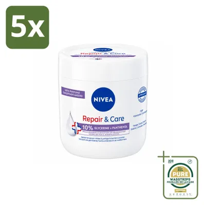Imagen del producto de 5 unidades de crema corporal NIVEA Repair & Care para piel sensible, con 10% de glicerina y pantenol, 400 ml, pack ahorro
