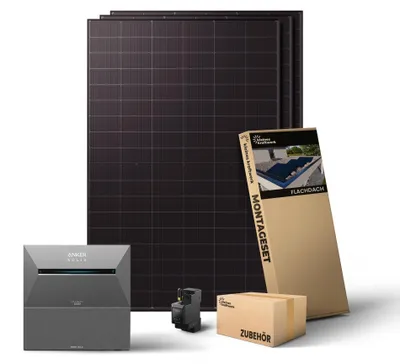 Produktbild von Kleines Kraftwerk 1500W Balkonkraftwerk Flachdach Halterung (bifazial) inkl. Anker Solarbank 3 + Zusatzbatterie – 0% MwSt – Solaranlage mit Speicher