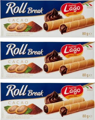Produktbild von 3x Gastone Lago Roll Break Cacao Waffelpad Wafer gefüllt mit Kakaocreme 80g