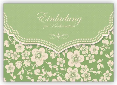 Produktbild von 4x Schöne Konfirmations Einladungskarte mit Retro Kirschblüten Muster für Mädchen, grün: Einladung zur Konfirmation