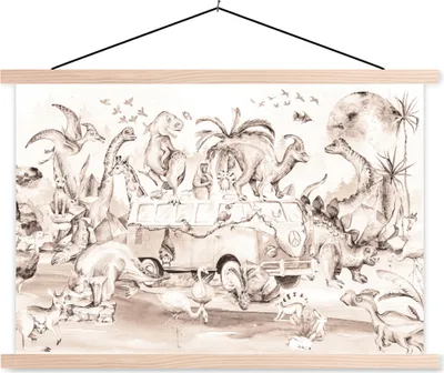 Produktbild von MuchoWow® Textilposter Dinosaurier - Bus - Kinder - Tiere - Bäume 60x40 cm mit holzfarbenen Rahmen - Bilder